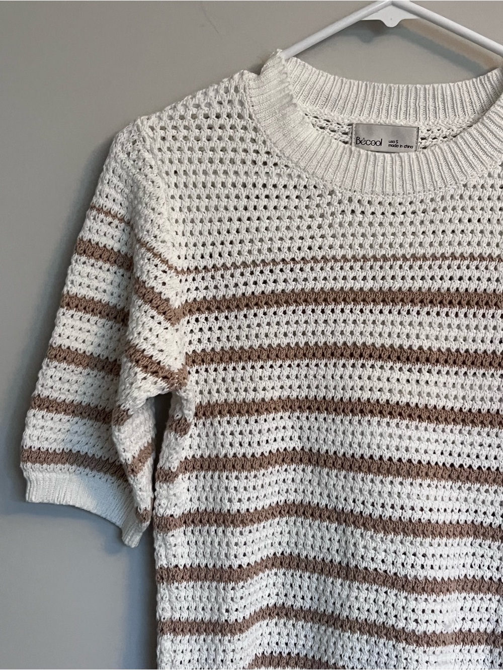 BE COOL White & Brown Striped Crochet Knit Sweater